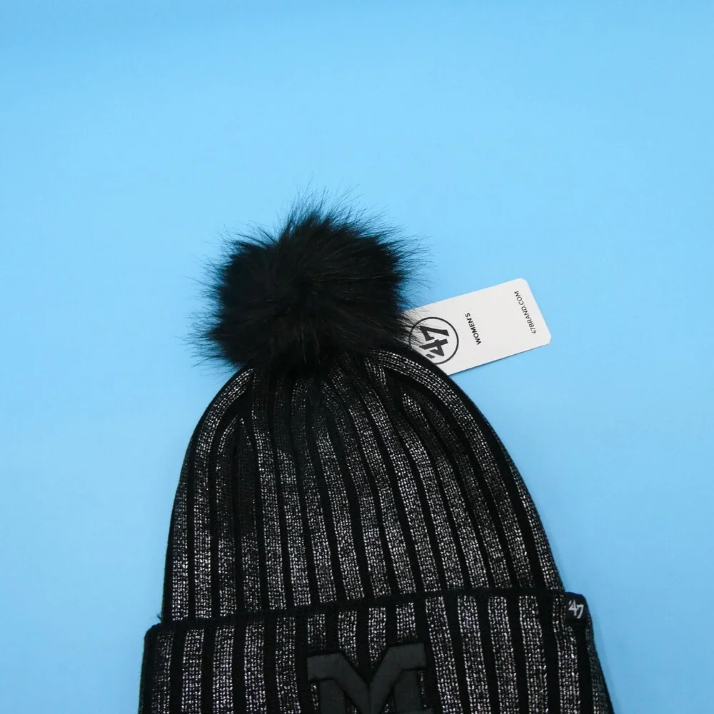 '47 Brand Michigan Wolverines Winter Hat Womens Black Silver Knit Beanie Pom New
